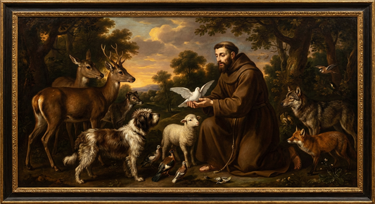 oil painting of ST francis surrounding by animals