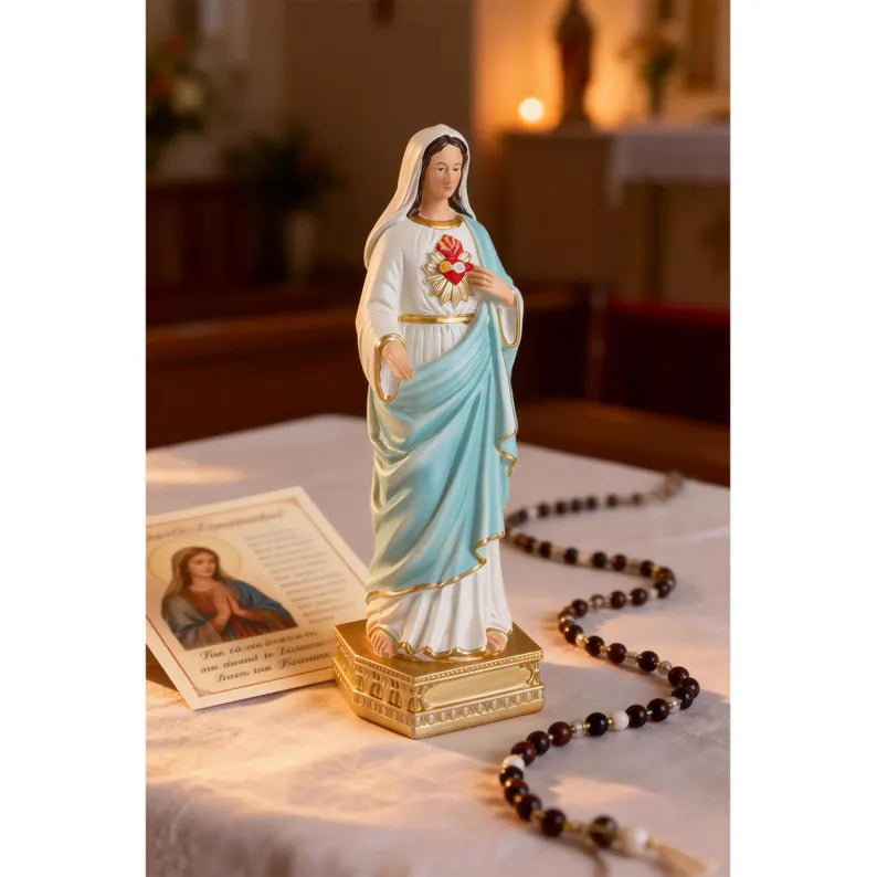 1-immaculate heart of mary statue on soft cloth with rosary and posdcard