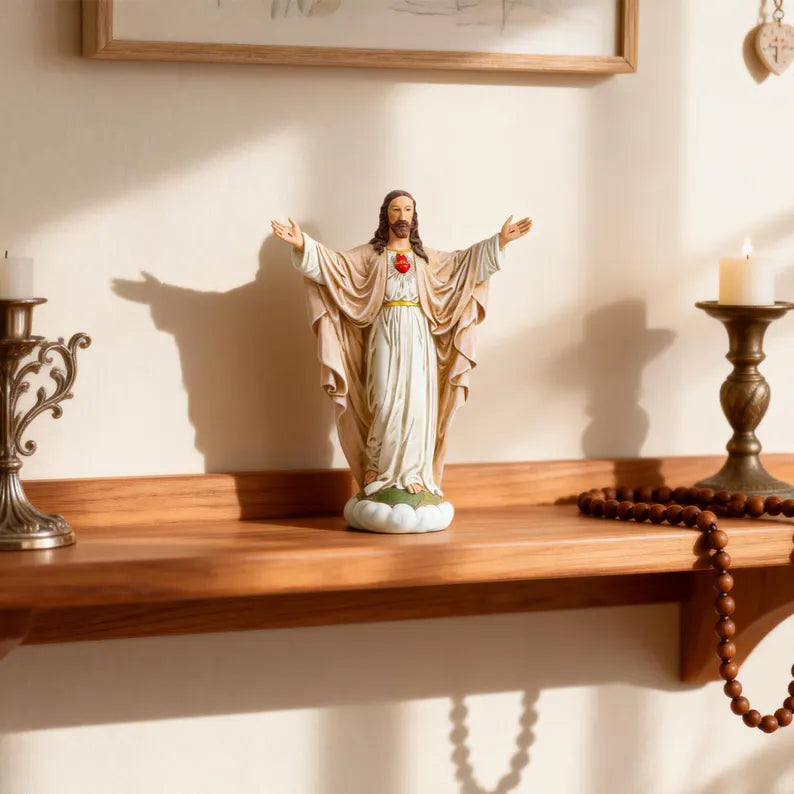 10-handmade sacred heart of jesus statue on wooden table light atmosphere