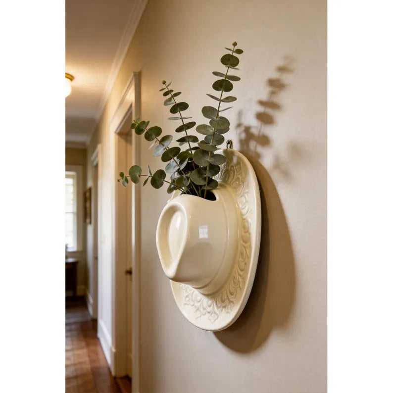 Cowboy Hat Wall Vase 8.3", Ceramic Western Room Decor, Pink Brown Beige Cowgirl Aesthetic Flower Vase, Unique Wall Pocket, Southern Gift