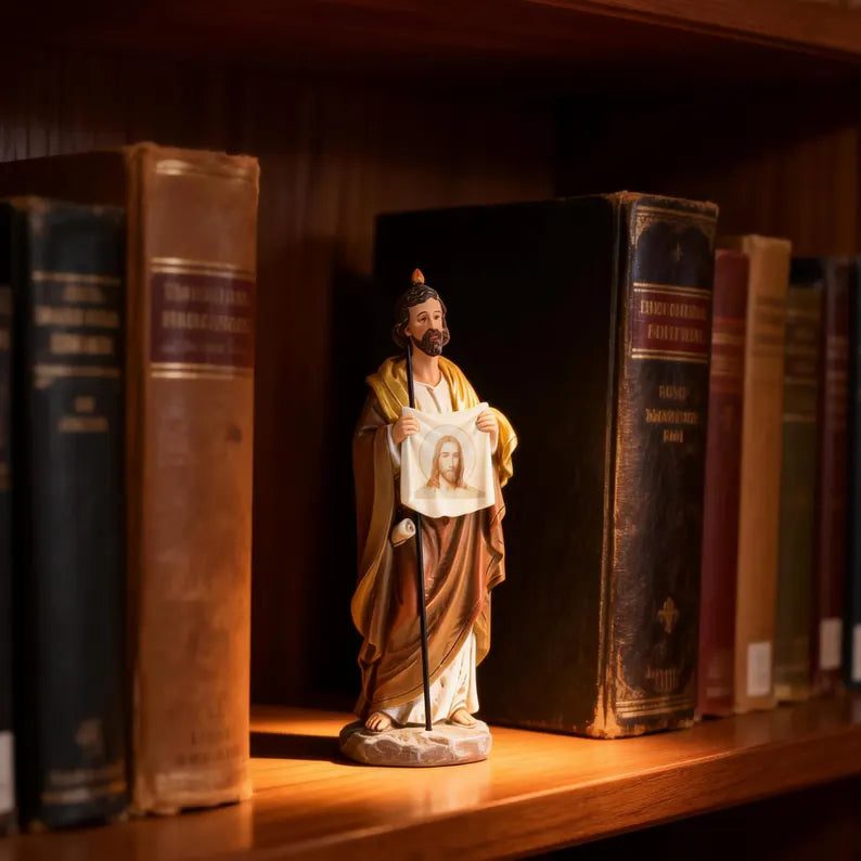 11-st jude thaddeus statue patron saint of hope on book shelf
