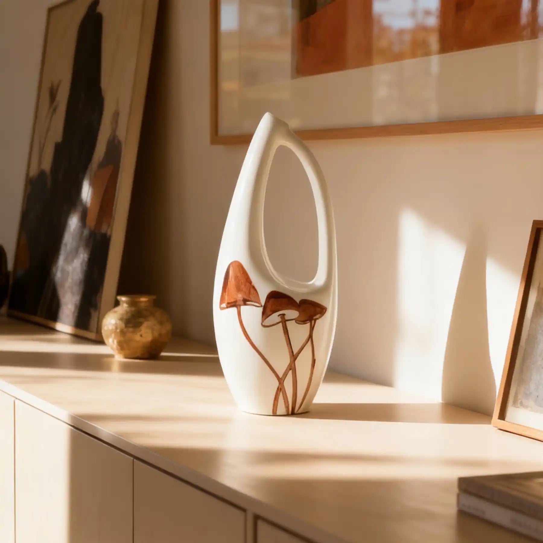 Unique White Ceramic Vases with Hand-Printed Mushroom (display 8)