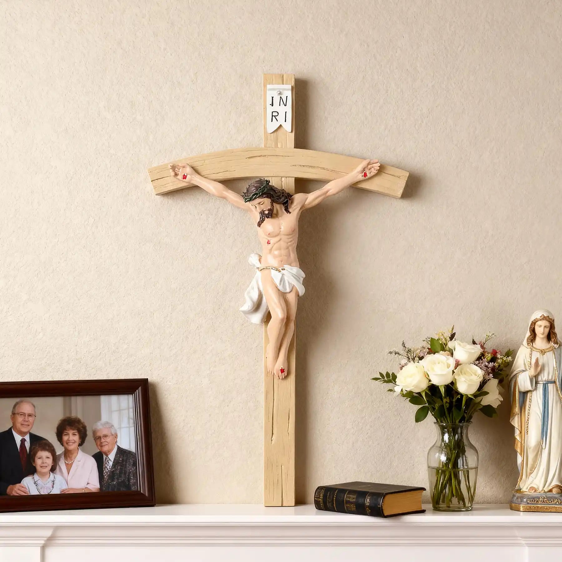 Realistic Wall Crucifix 13", Jesus Christ on Cross with INRI, small size statue  (display 13)