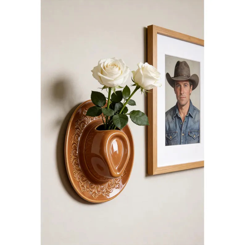 Cowboy Hat Wall Vase 8.3", Ceramic Western Room Decor, Pink Brown Beige Cowgirl Aesthetic Flower Vase, Unique Wall Pocket, Southern Gift