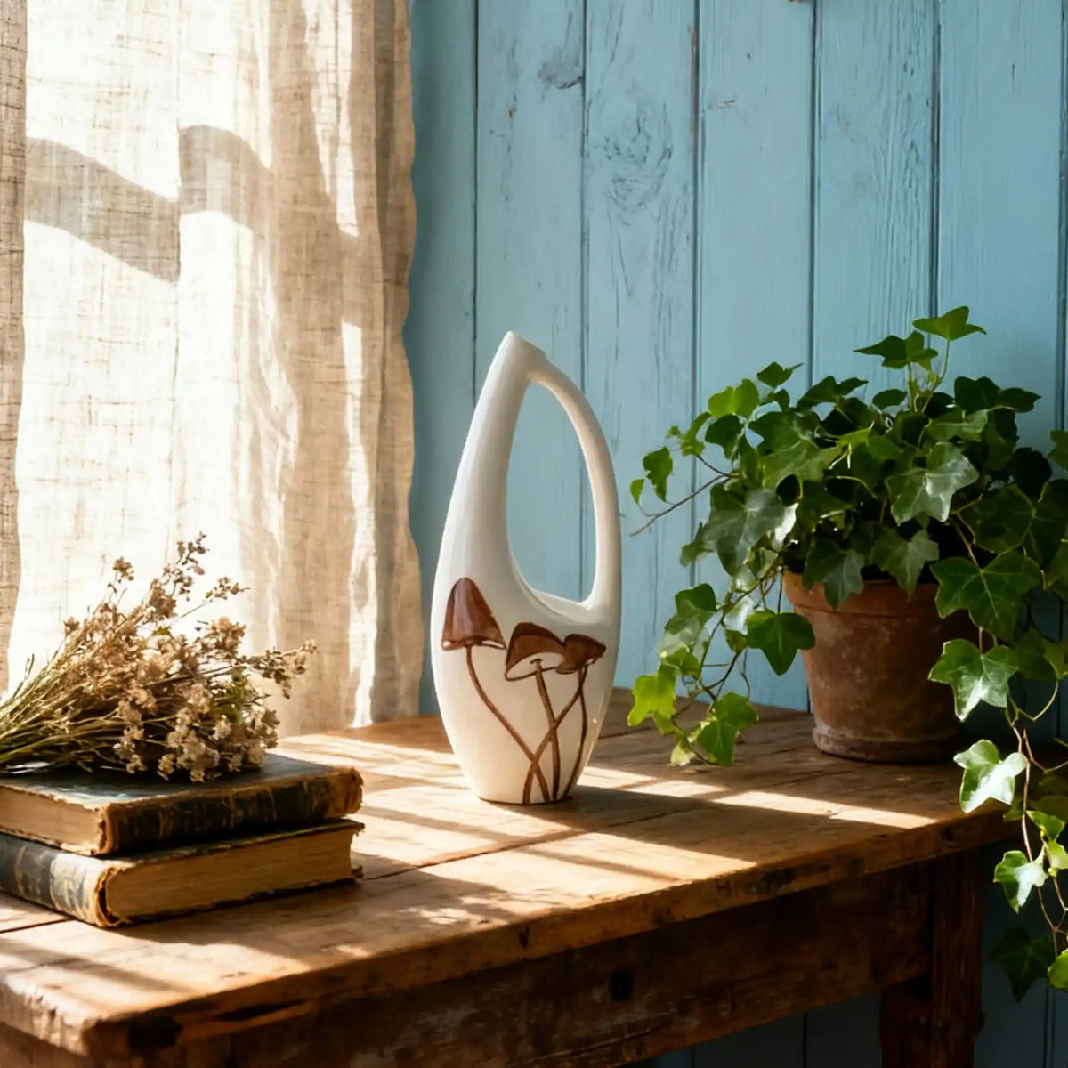 Unique White Ceramic Vases with Hand-Printed Mushroom (display 1)