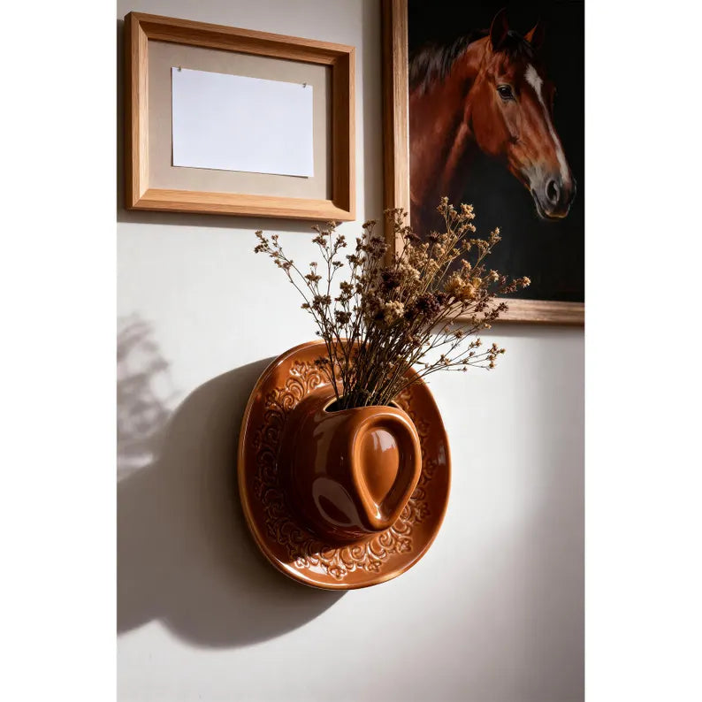 Cowboy Hat Wall Vase 8.3", Ceramic Western Room Decor, Pink Brown Beige Cowgirl Aesthetic Flower Vase, Unique Wall Pocket, Southern Gift