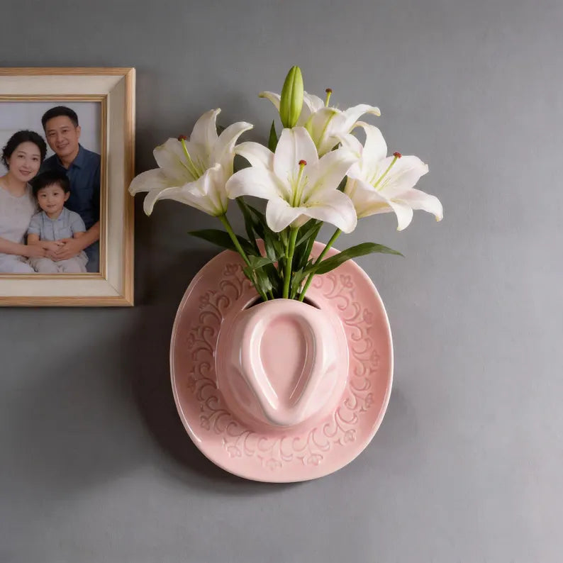 Cowboy Hat Wall Vase 8.3", Ceramic Western Room Decor, Pink Brown Beige Cowgirl Aesthetic Flower Vase, Unique Wall Pocket, Southern Gift