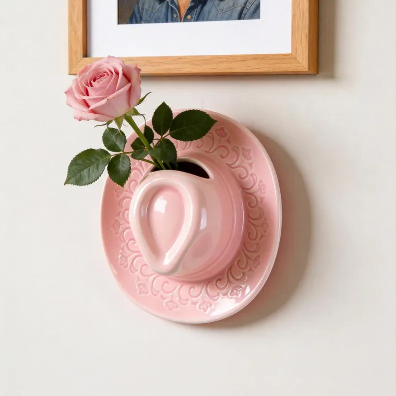 Cowboy Hat Wall Vase 8.3", Ceramic Western Room Decor, Pink Brown Beige Cowgirl Aesthetic Flower Vase, Unique Wall Pocket, Southern Gift