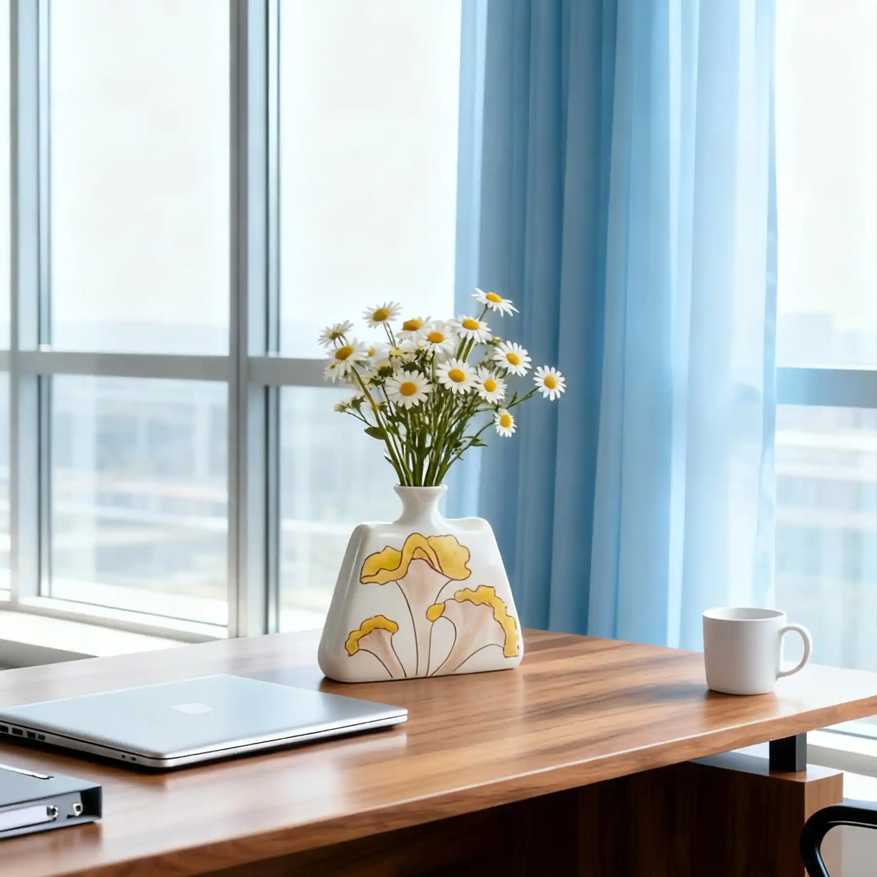 Unique White Ceramic Vases with Hand-Printed Yellow Flowers (display 12)