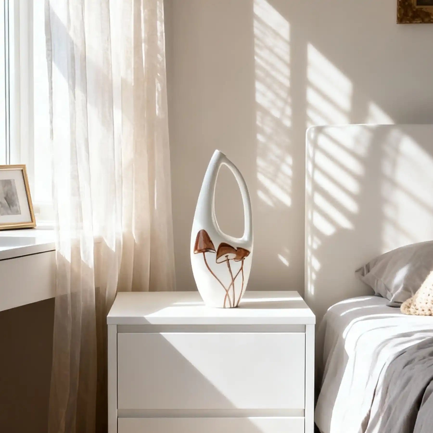 Unique White Ceramic Vases with Hand-Printed Mushroom (display 10)