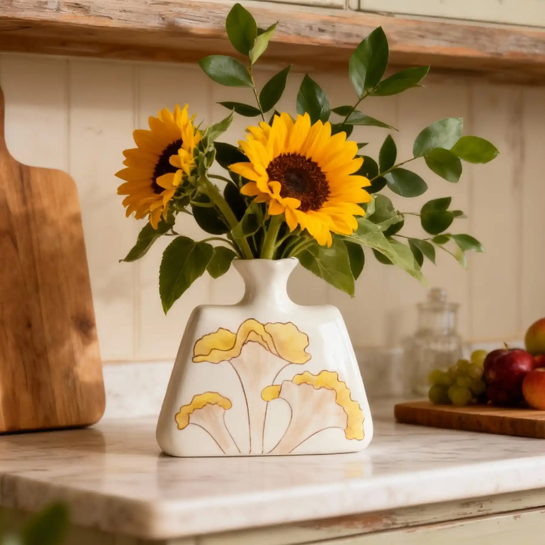 Unique White Ceramic Vases with Hand-Printed Yellow Flowers (display 1)