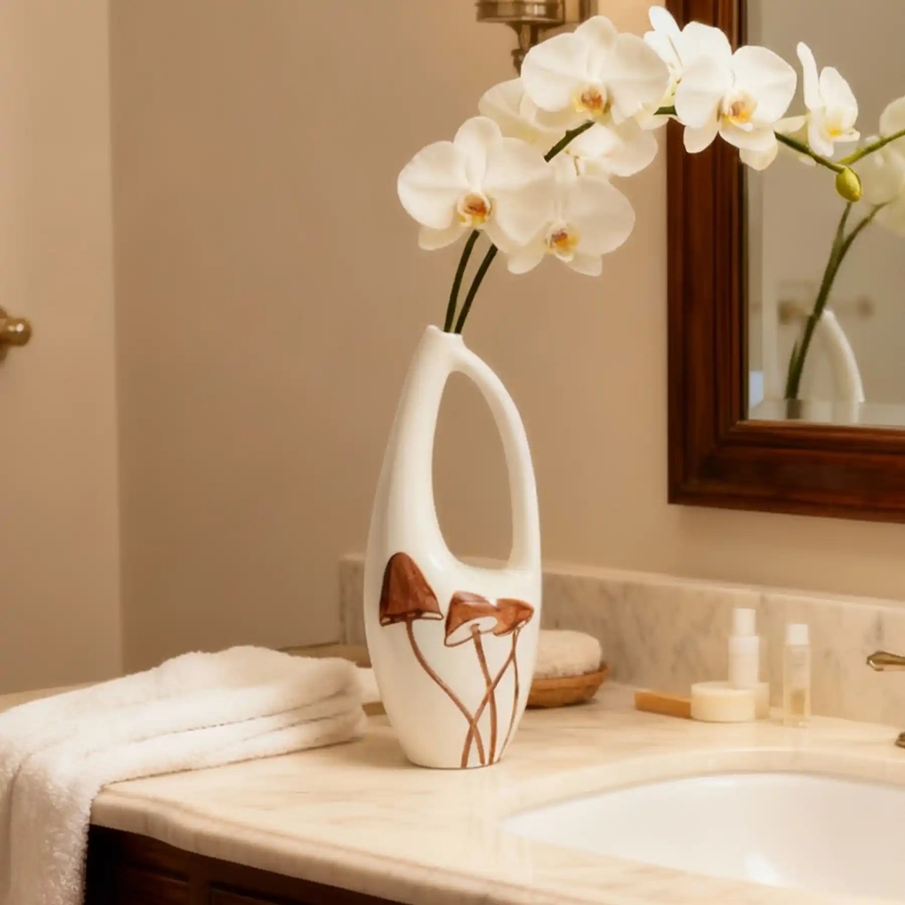 Unique White Ceramic Vases with Hand-Printed Mushroom (display 5)