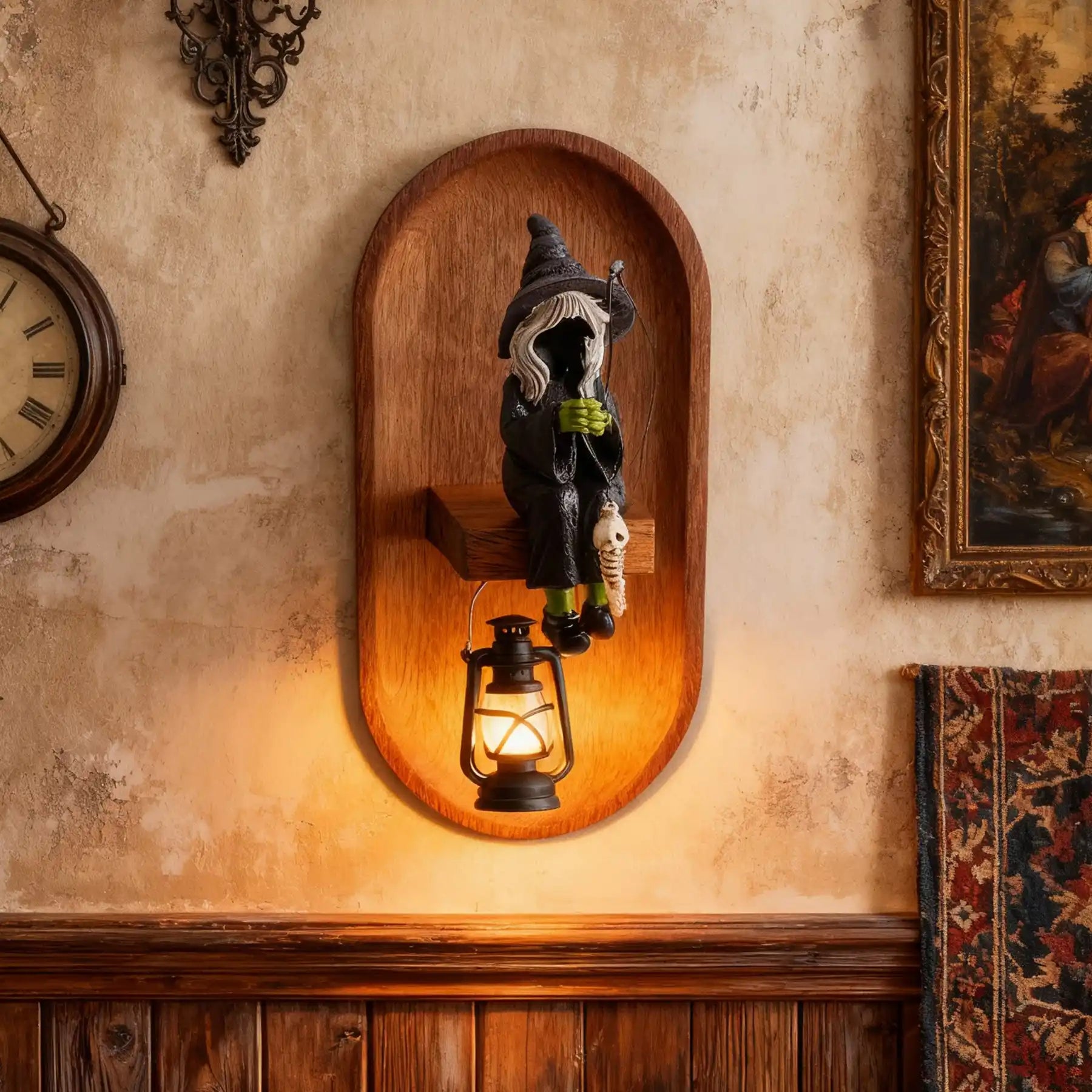 Fishing Witch 3d Wall Sculptures with Wooden Base & Lamp (display 2)