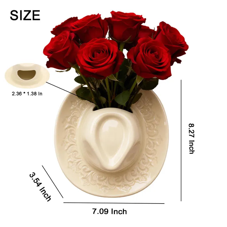 Cowboy Hat Wall Vase 8.3", Ceramic Western Room Decor, Pink Brown Beige Cowgirl Aesthetic Flower Vase, Unique Wall Pocket, Southern Gift