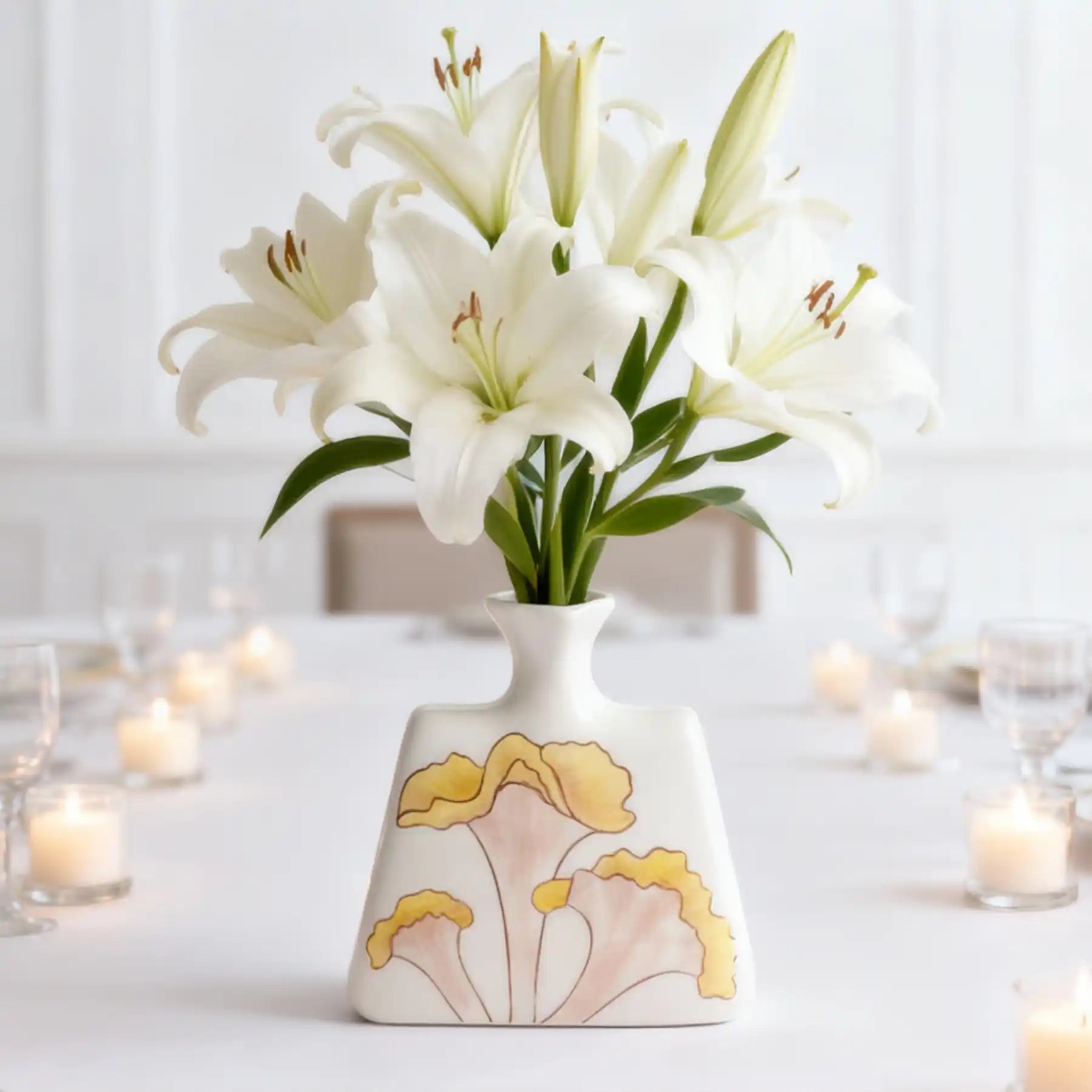 Unique White Ceramic Vases with Hand-Printed Yellow Flowers (display 14)