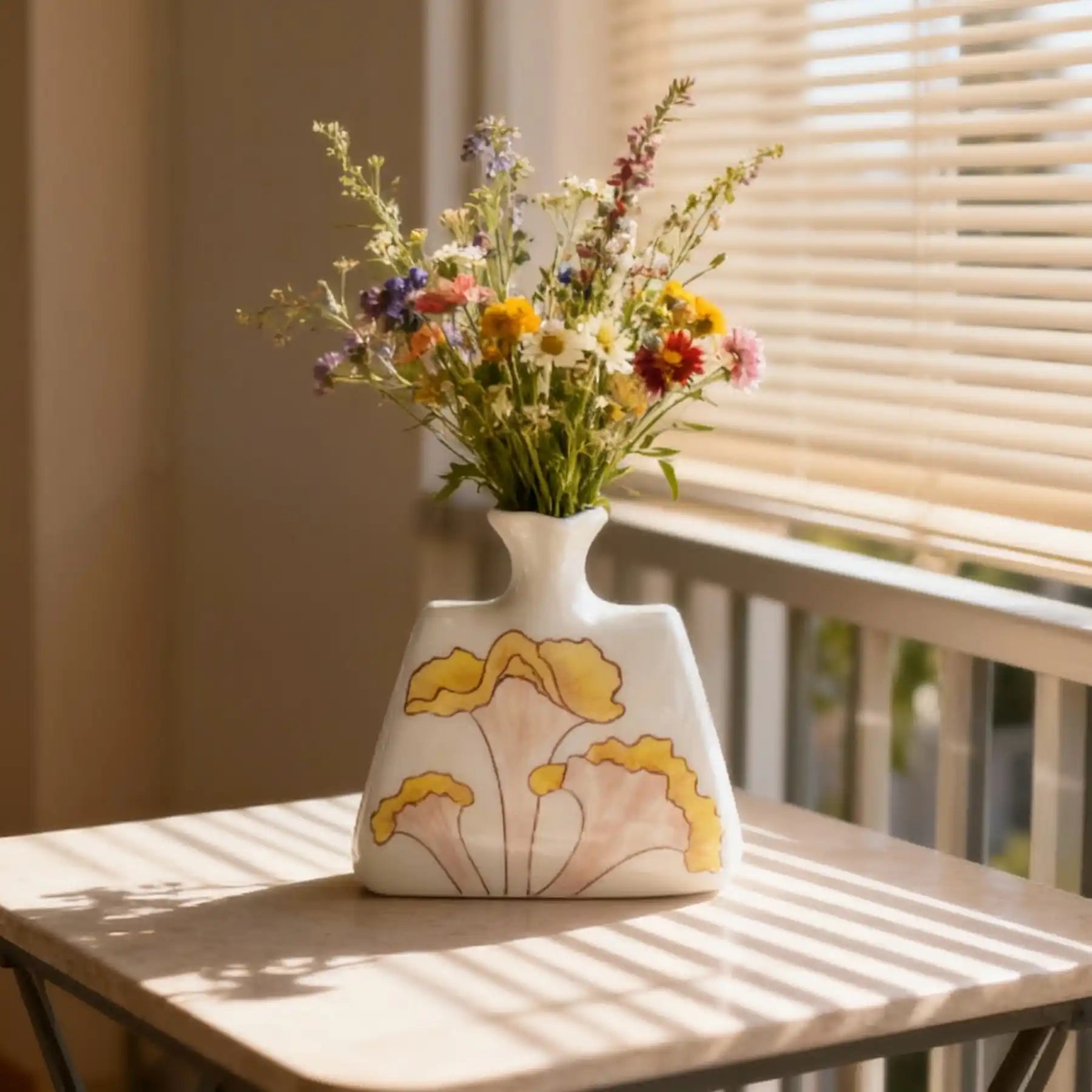 Unique White Ceramic Vases with Hand-Printed Yellow Flowers (display 16)