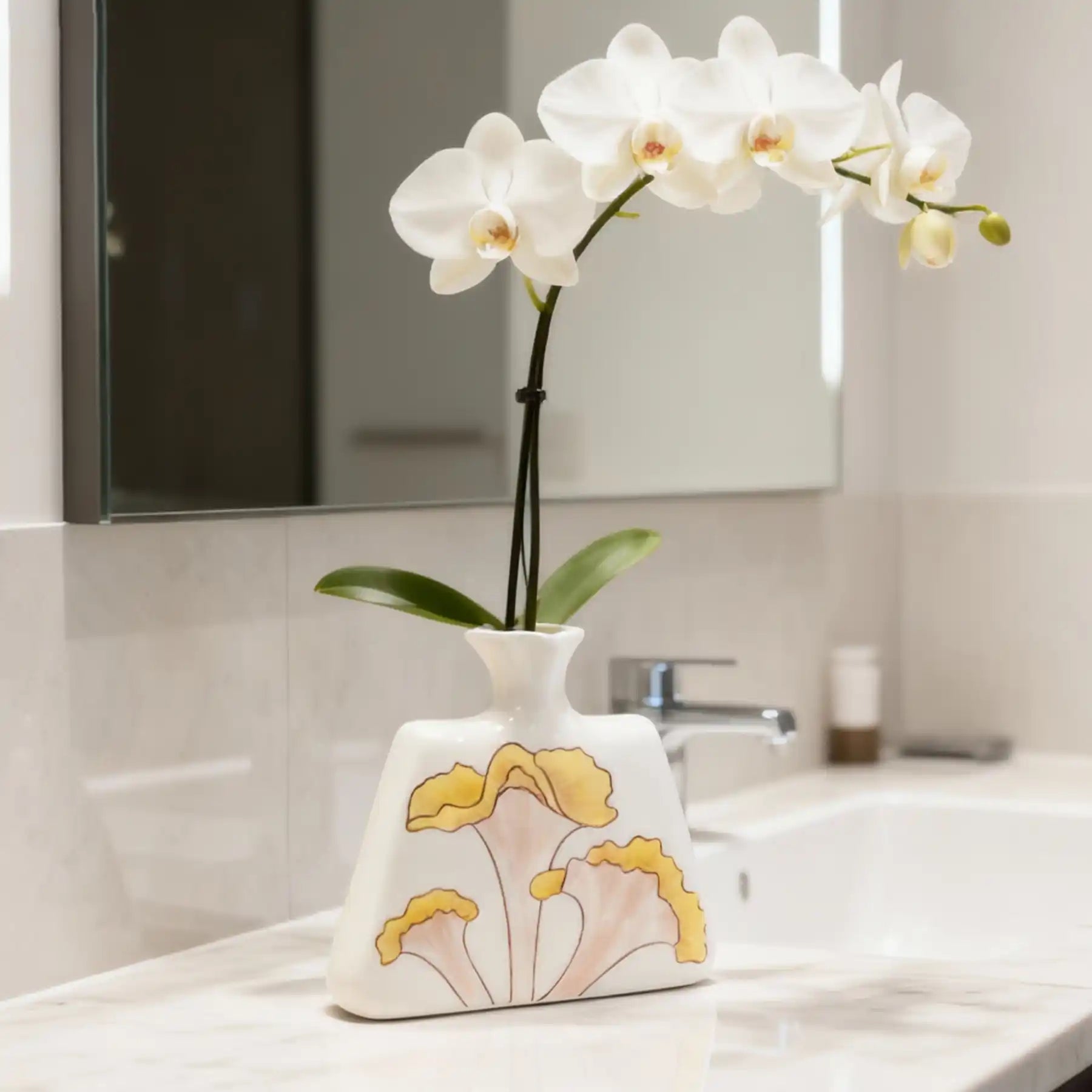 Unique White Ceramic Vases with Hand-Printed Yellow Flowers (display 17)
