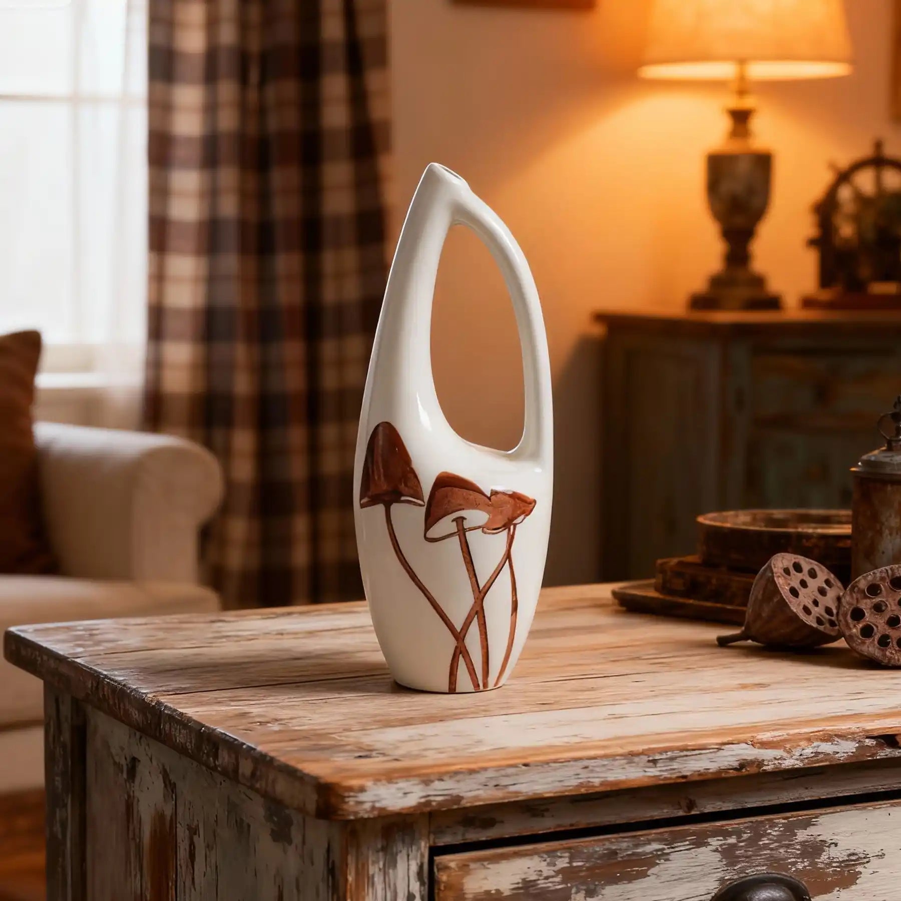 Unique White Ceramic Vases with Hand-Printed Mushroom (display 12)