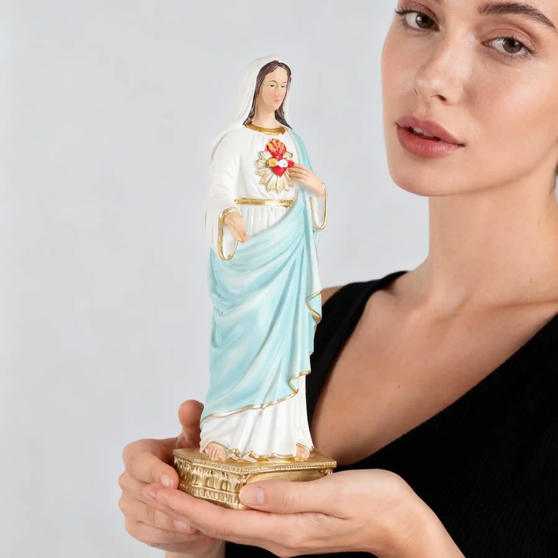 Immaculate Heart of Virgin Mary Statue 8.4", Handmade Resin Catholic Figurine, Blessed Mother Home Altar Decor, Religious Baptism Gift (display 2)