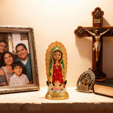 Baby Virgen de Guadalupe Statue 5.7" Handmade Resin Mexican Folk Art, statue putting on table (2)