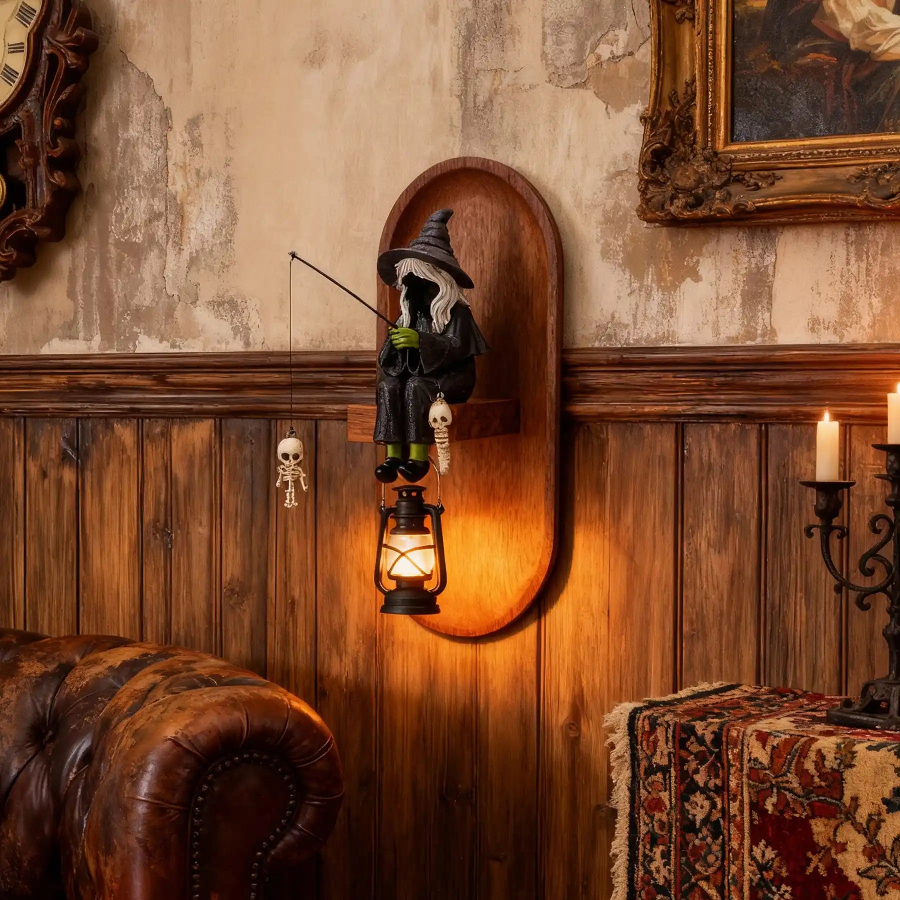 Fishing Witch 3d Wall Sculptures with Wooden Base & Lamp (display 3)
