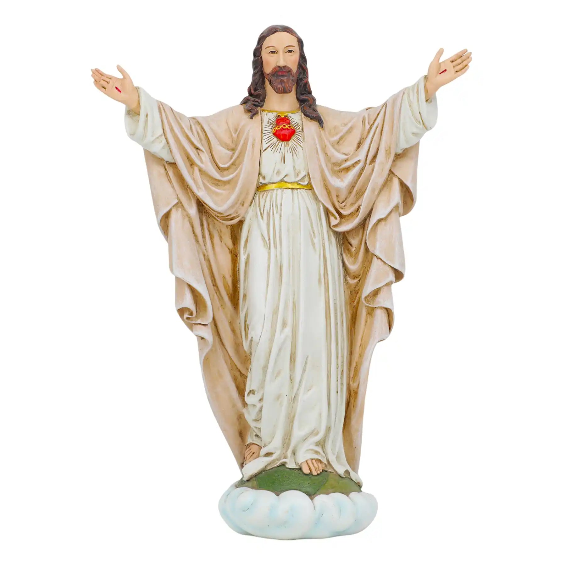 Sacred Heart of Jesus Statue 10" sheer white background front view, Handmade Catholic Altar Decor, Hand Painted Resin Figurine, Religious Christian Gift for Baptism (display 6)