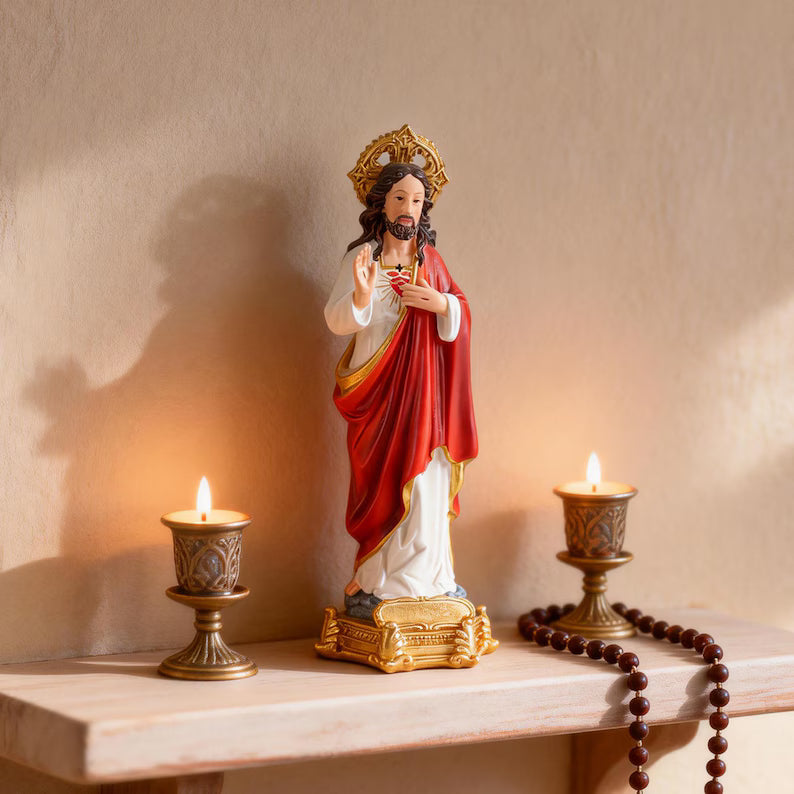 3-Sacred Heart of Jesus Statue with Rosary and candels