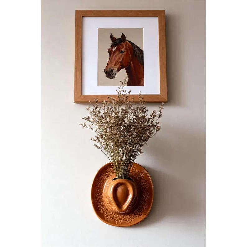 Cowboy Hat Wall Vase 8.3", Ceramic Western Room Decor, Pink Brown Beige Cowgirl Aesthetic Flower Vase, Unique Wall Pocket, Southern Gift