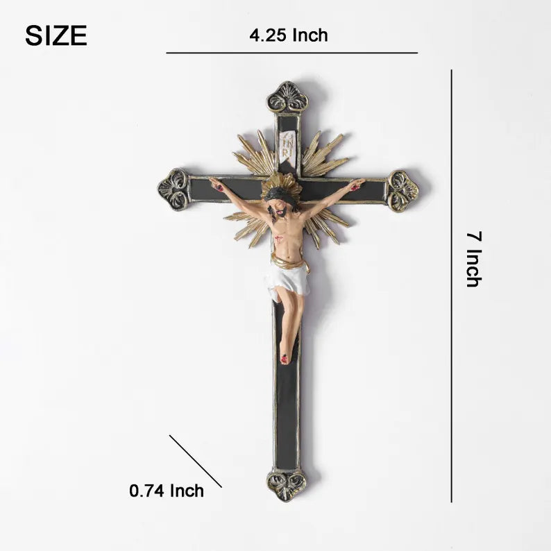 3-ornate black and gold wall crucifix statue size label