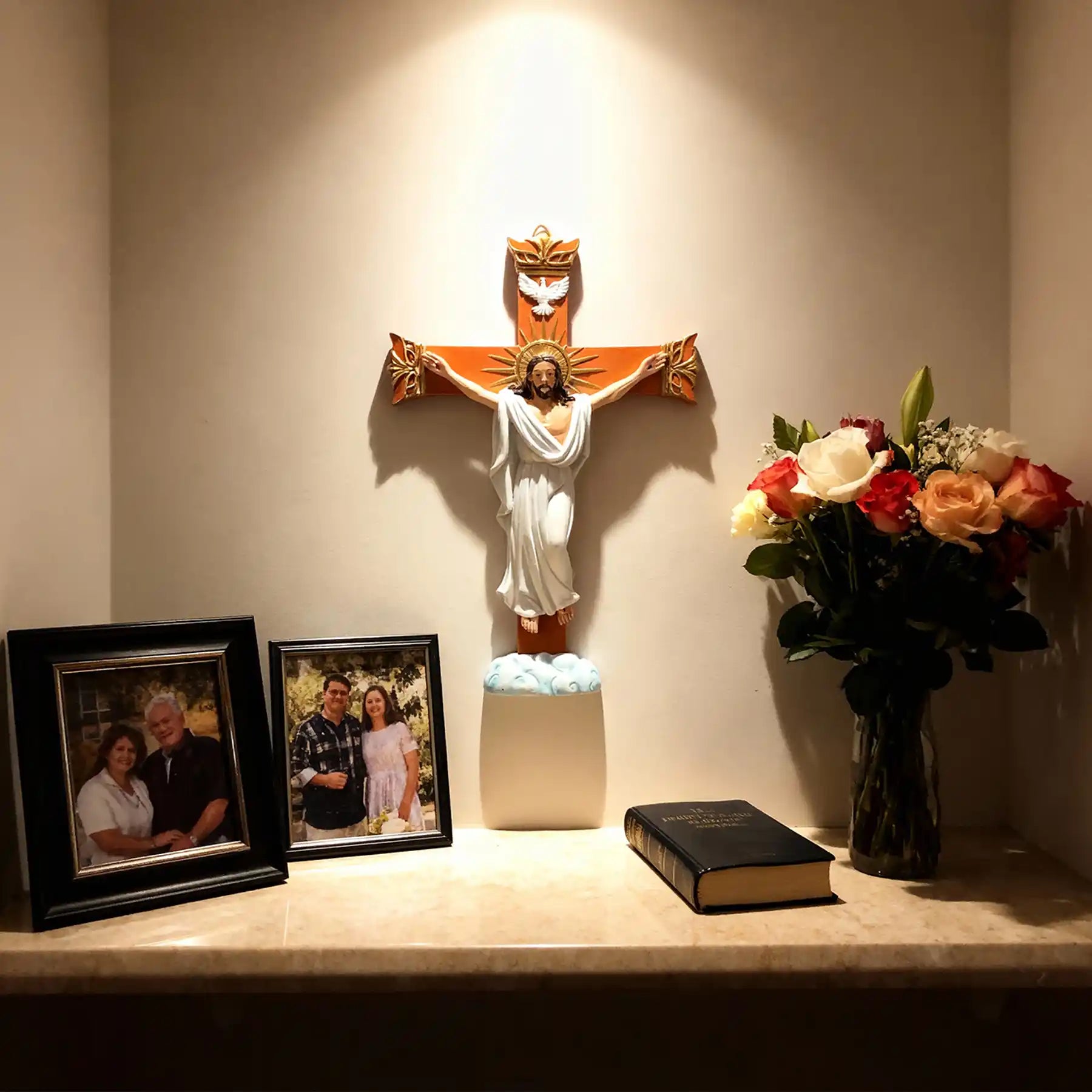Risen Christ Wall Crucifix 8", Resurrection Cross with Holy Spirit Dove (display 1)