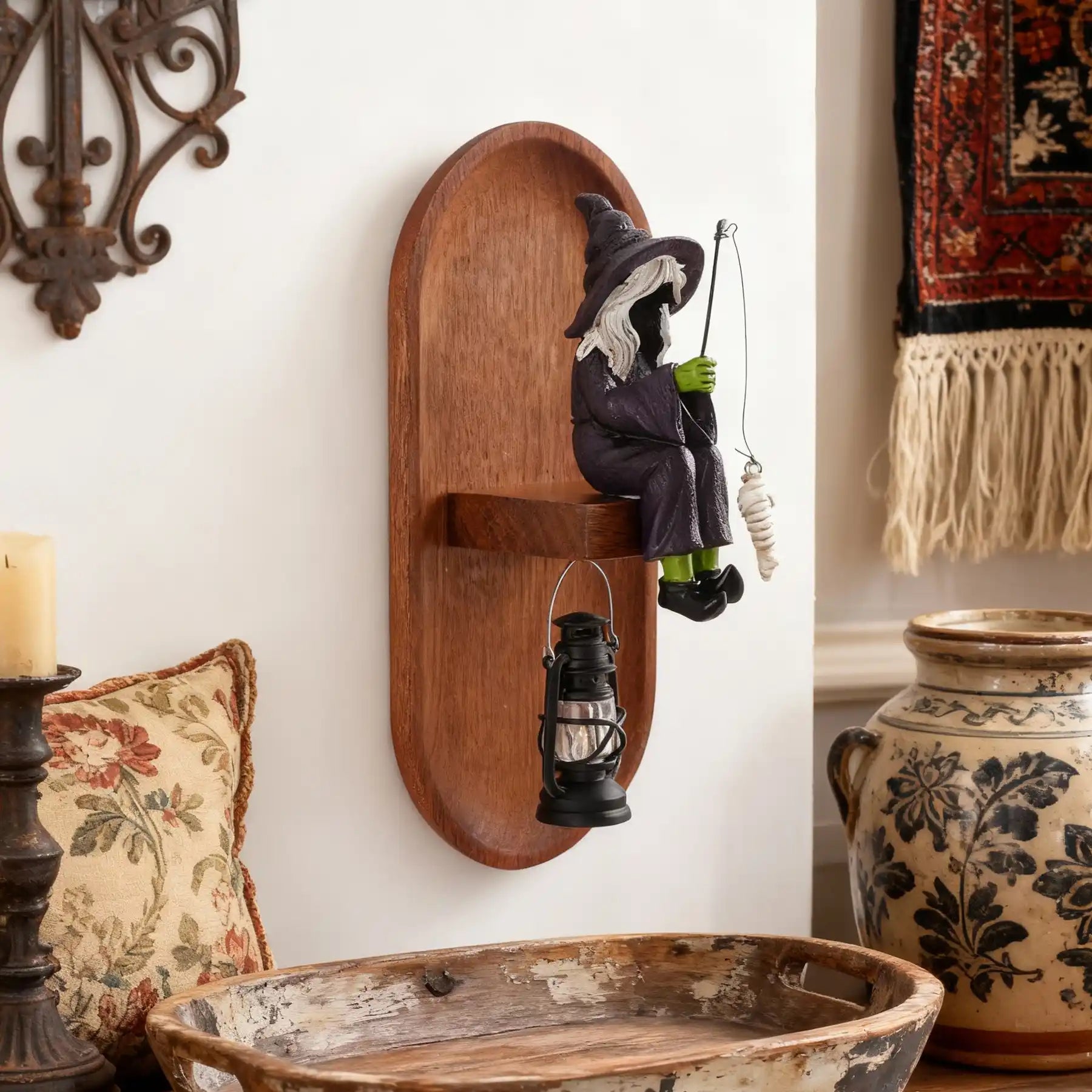 Fishing Witch 3d Wall Sculptures with Wooden Base & Lamp (display 4)