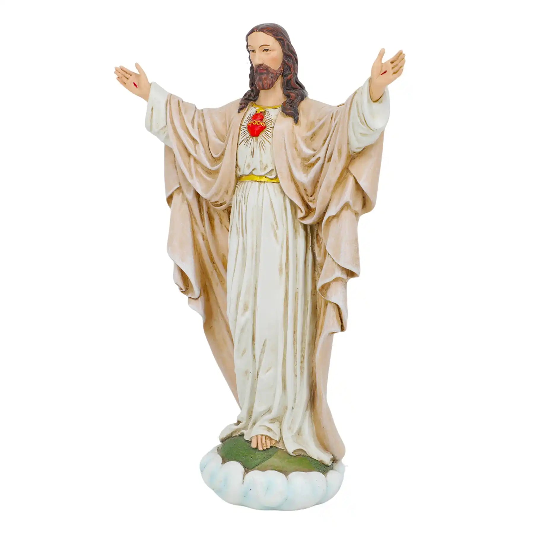 Sacred Heart of Jesus Statue 10" sheer white side view 2, Handmade Catholic Altar Decor, Hand Painted Resin Figurine, Religious Christian Gift for Baptism (display 7)