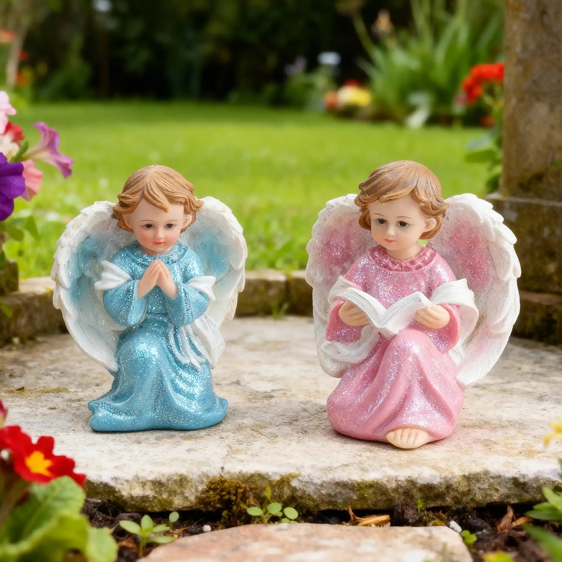 Angel Statue Set of 2 - Pink with Blue Glitter Cherub Figurines Praying & Book-Holding Designs (display 4)