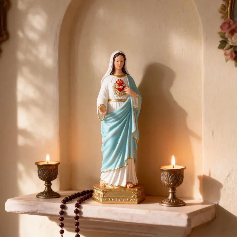 4-immaculate heart of mary statue with candels and rosary