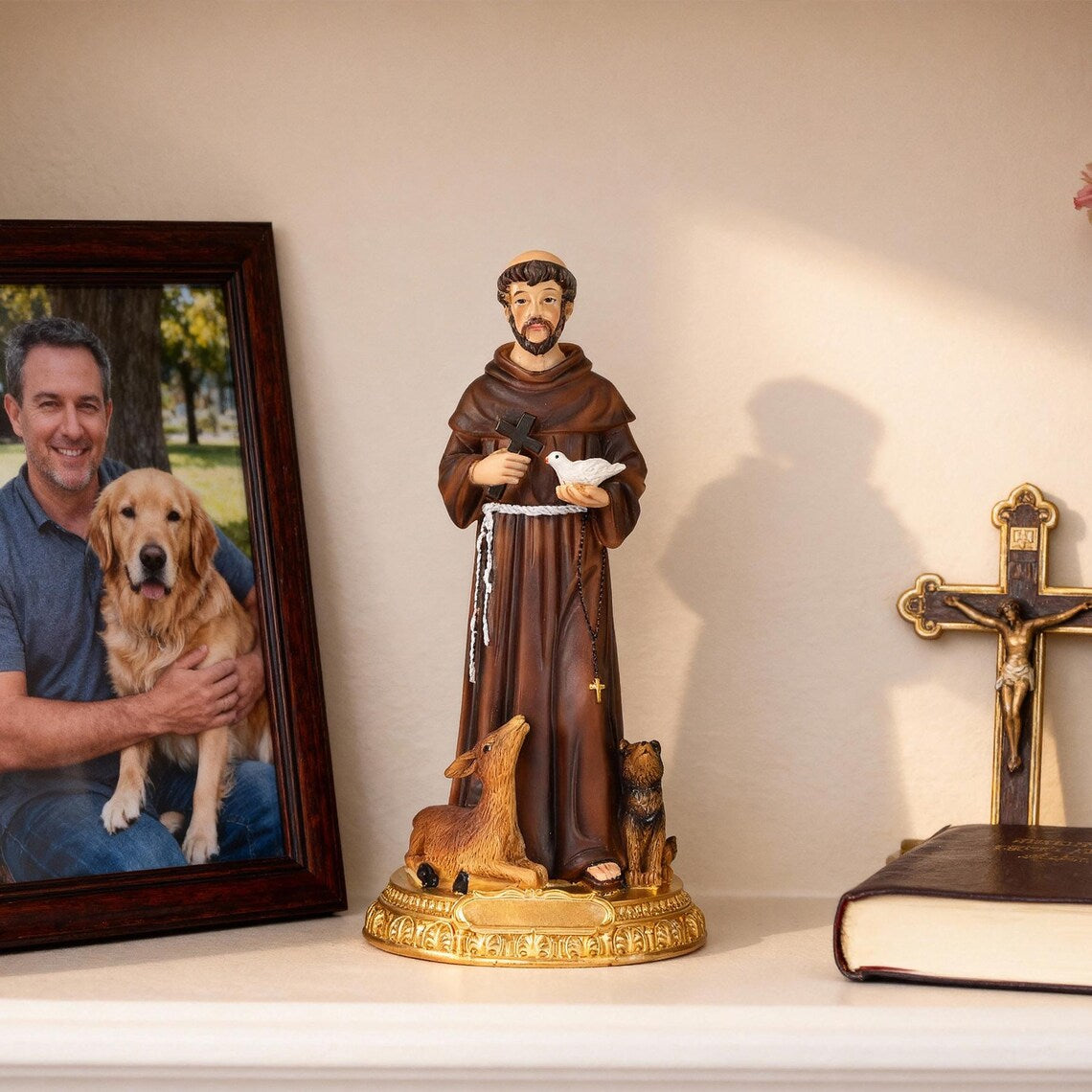 St Francis of Assisi Statue 8.6", Patron of Animals with Dog & Deer, Catholic Saint Figurine, Religious Home Decor, Christian Gift