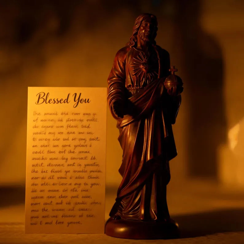 5-boxwood sacred heart jesus statue in candel light with bless