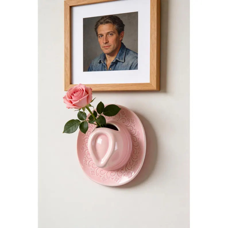 Cowboy Hat Wall Vase 8.3", Ceramic Western Room Decor, Pink Brown Beige Cowgirl Aesthetic Flower Vase, Unique Wall Pocket, Southern Gift