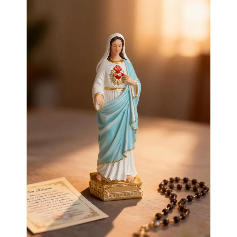 5-immaculate heart of mary statue on soft cloth with rosary and posdcard