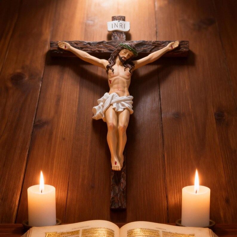 5-realistic jesus crucifix statue on wooden board with candels