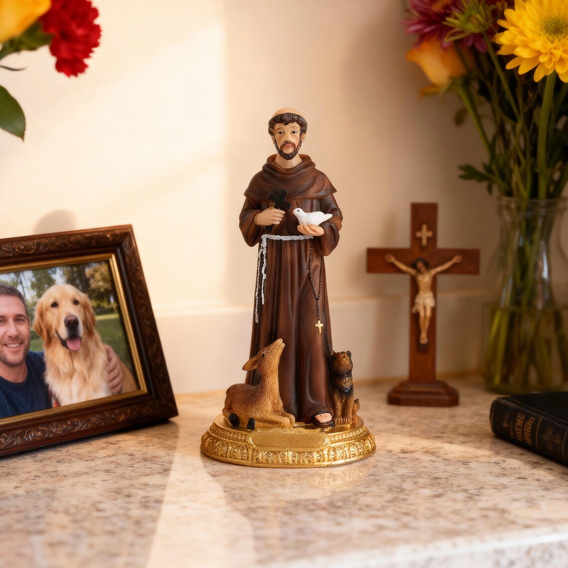 St Francis of Assisi Statue 8.6", Patron of Animals with Dog & Deer, Catholic Saint Figurine, Religious Home Decor, Christian Gift
