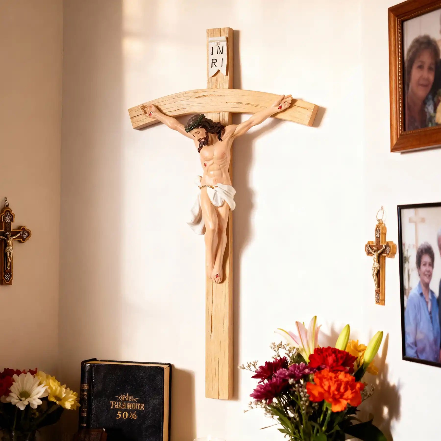 Realistic Wall Crucifix 13", Jesus Christ on Cross with INRI, large size statue (display 5)