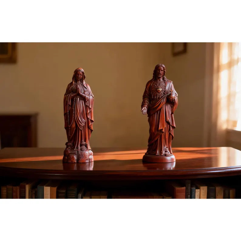 6-boxwood sacred heart jesus statue with boxwood virgin mary statue