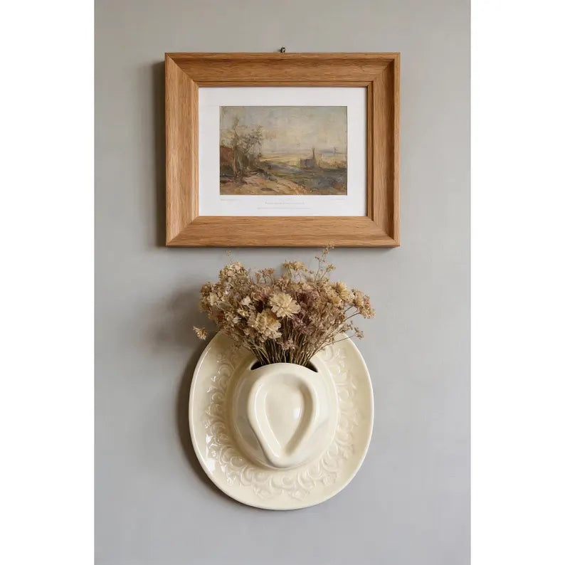 Cowboy Hat Wall Vase 8.3", Ceramic Western Room Decor, Pink Brown Beige Cowgirl Aesthetic Flower Vase, Unique Wall Pocket, Southern Gift
