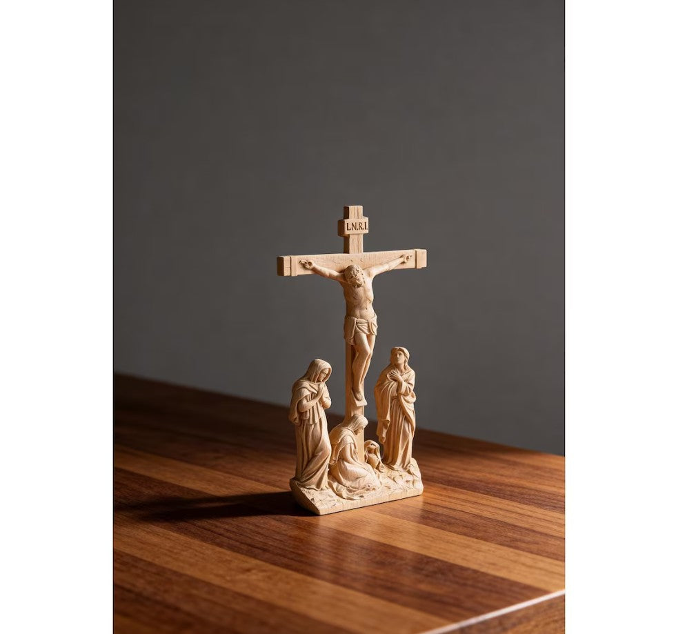 Hand-Carved Wooden Crucifix with Mary and John, 10.8" Catholic Altar Decor