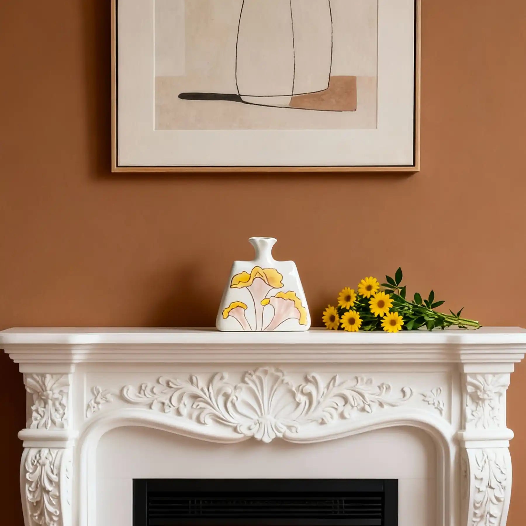 Unique White Ceramic Vases with Hand-Printed Yellow Flowers (display 9)