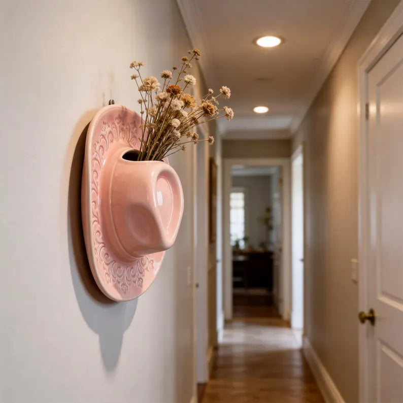 Cowboy Hat Wall Vase 8.3", Ceramic Western Room Decor, Pink Brown Beige Cowgirl Aesthetic Flower Vase, Unique Wall Pocket, Southern Gift