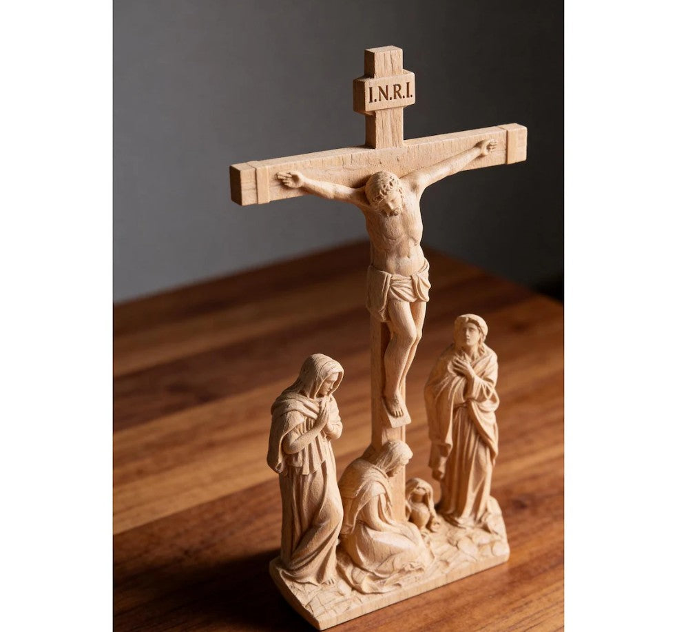 Hand-Carved Wooden Crucifix with Mary and John, 10.8" Catholic Altar Decor