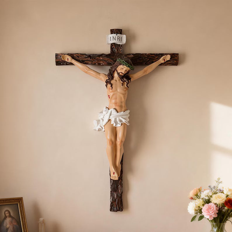 8-realistic jesus crucifix statue on beige wall as decoration with flowers