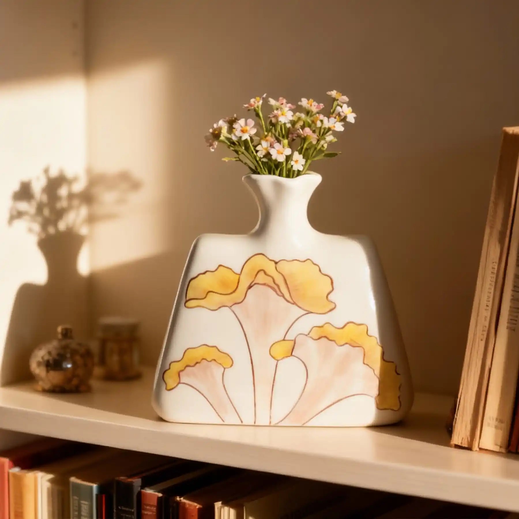 Unique White Ceramic Vases with Hand-Printed Yellow Flowers (display 10)