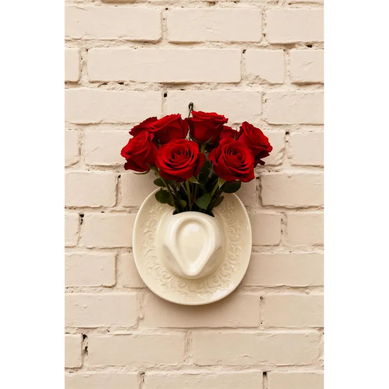 Cowboy Hat Wall Vase 8.3", Ceramic Western Room Decor, Pink Brown Beige Cowgirl Aesthetic Flower Vase, Unique Wall Pocket, Southern Gift